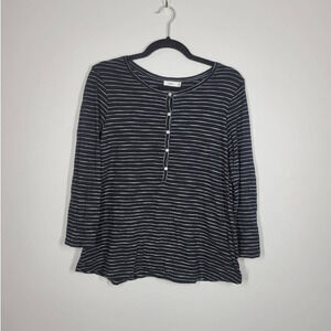 Vince Top Size Sm Round Neck 3/4 Sleeve Button Placket Flowy Hem Striped Black